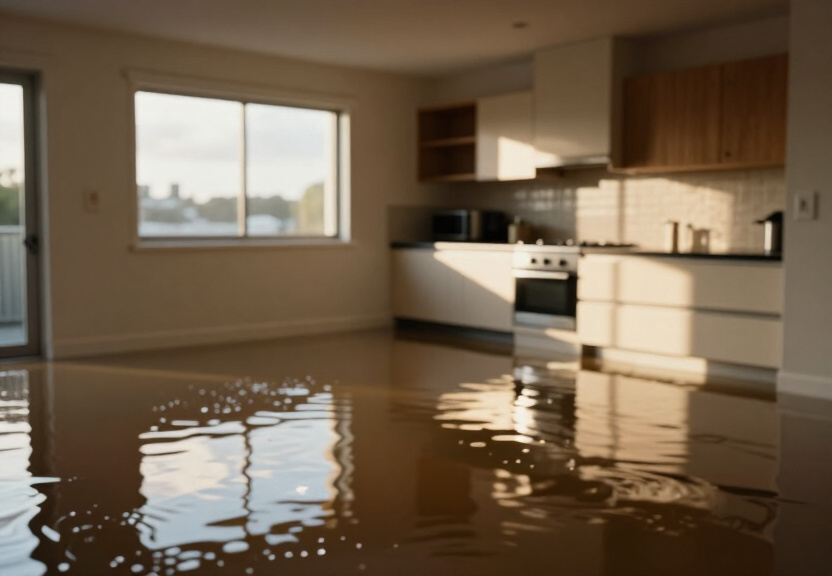 Wet carpet in Whale Beach home before drying